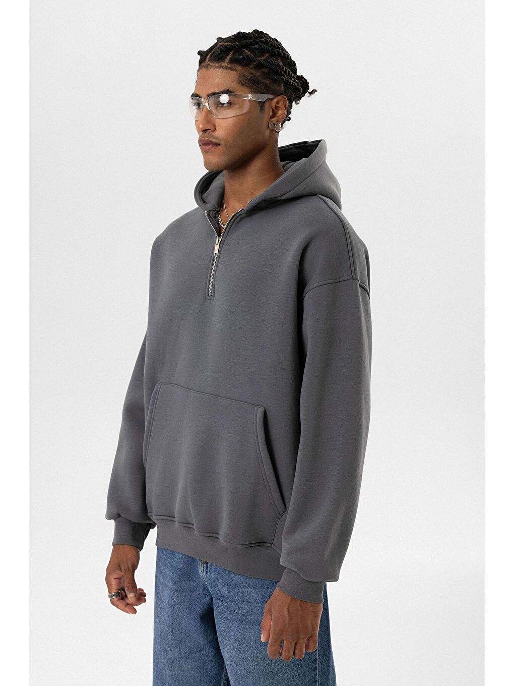 Gri Basic Oversize Fermuar Detaylı Kapüşonlu  Erkek Hoodie-7