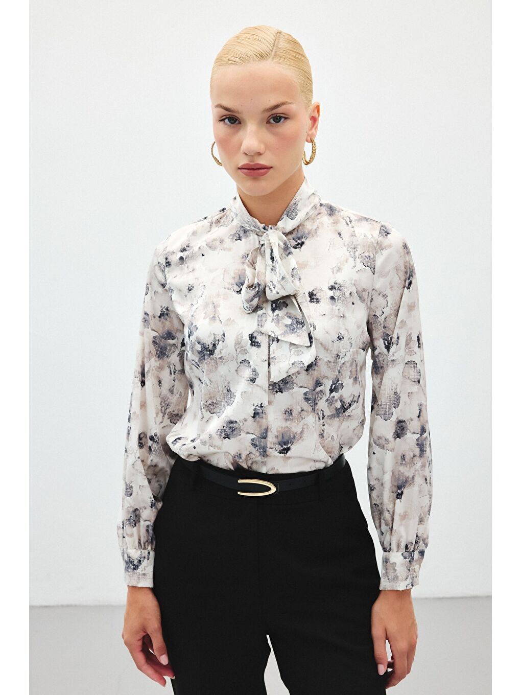 Fularlı Emprime Gömlek - Gri-5