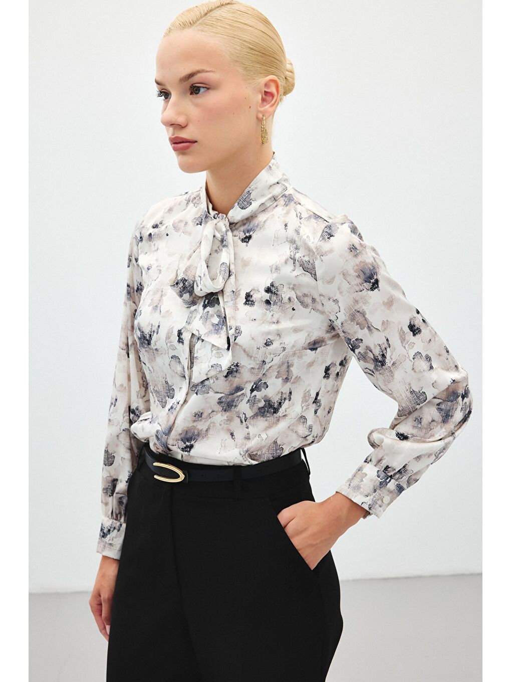 Fularlı Emprime Gömlek - Gri-6