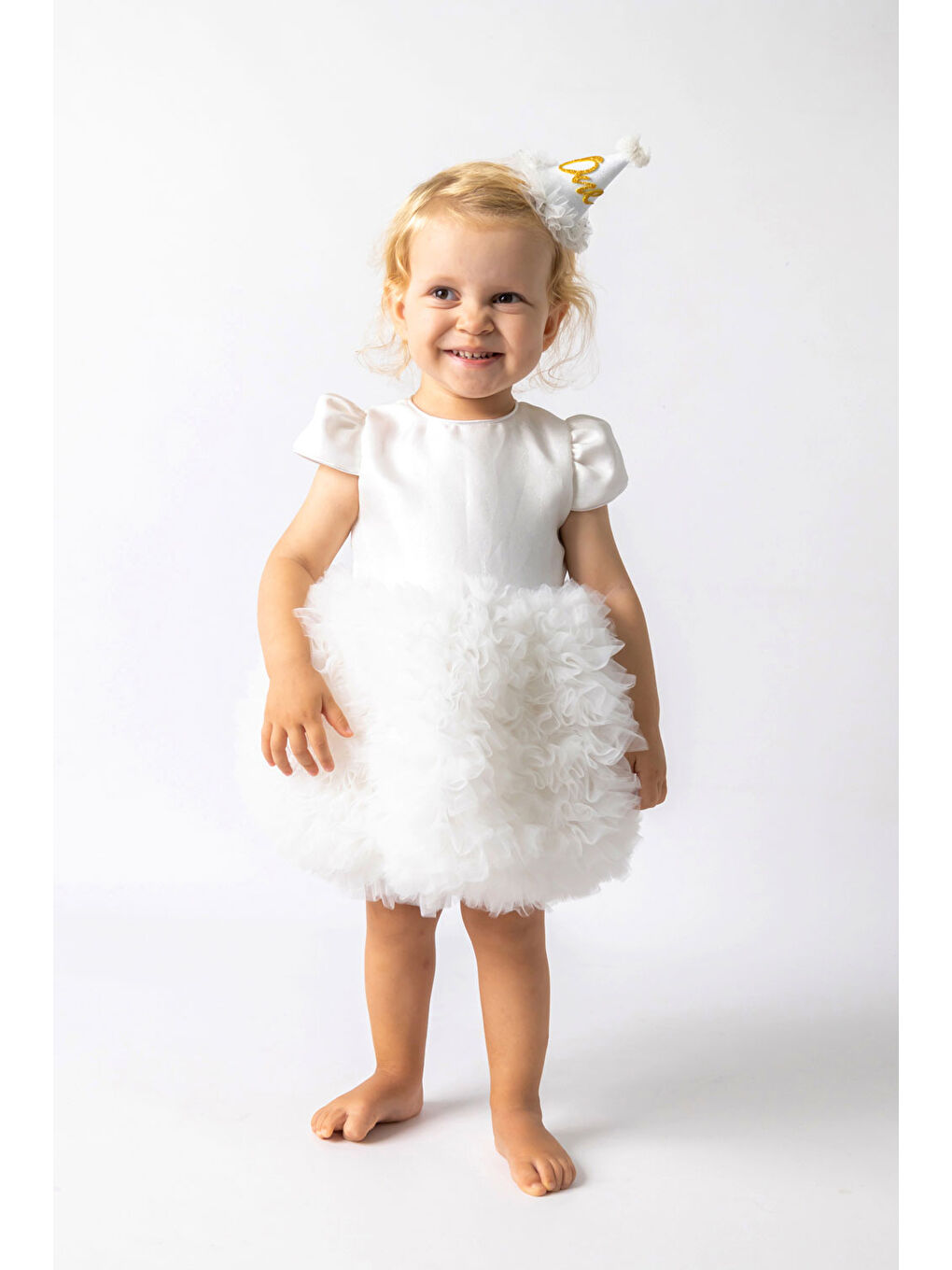 Beyaz Kısa Kollu Tütülü Bebek Prenses Elbise - Lina
