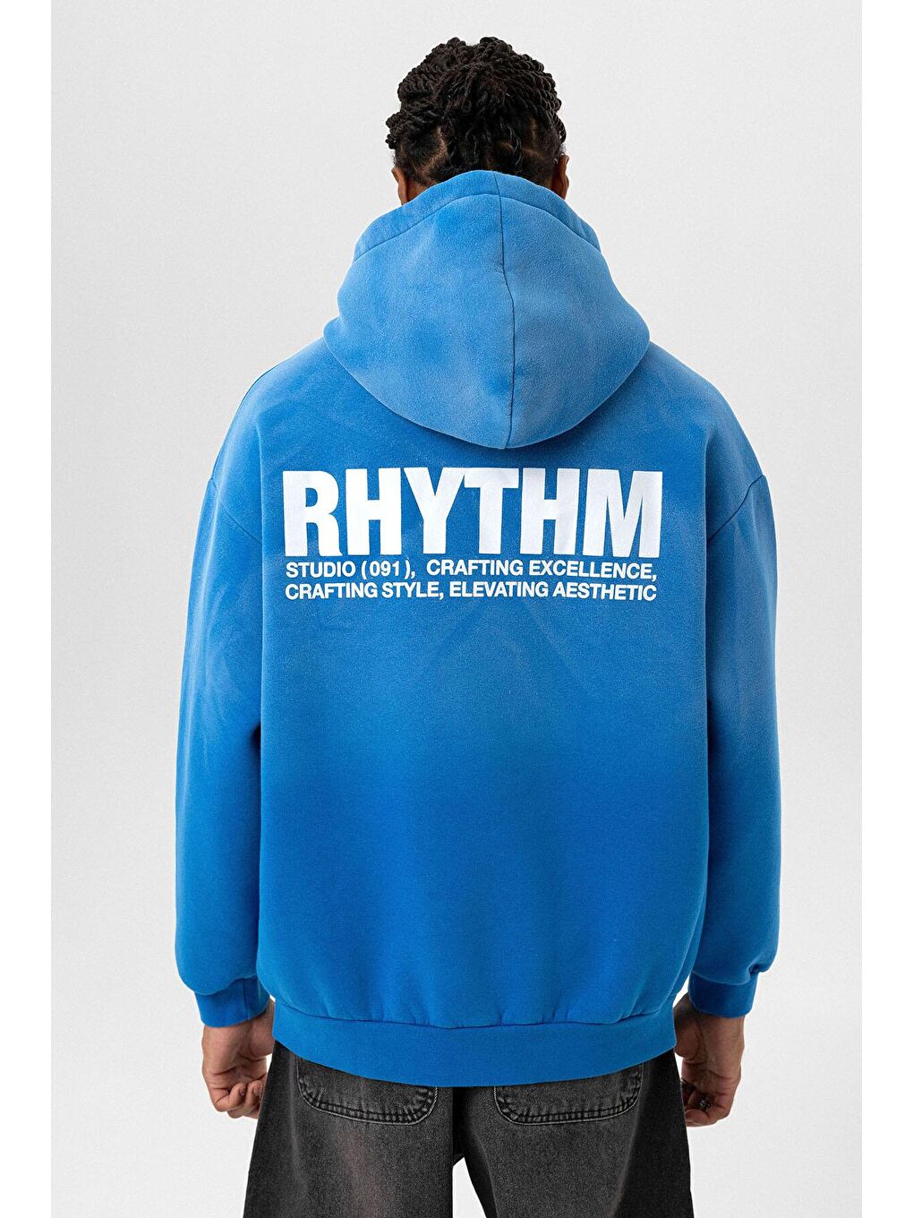 Turkuaz Arka Baskılı Oversize Kapüşonlu  Erkek Hoodie-3