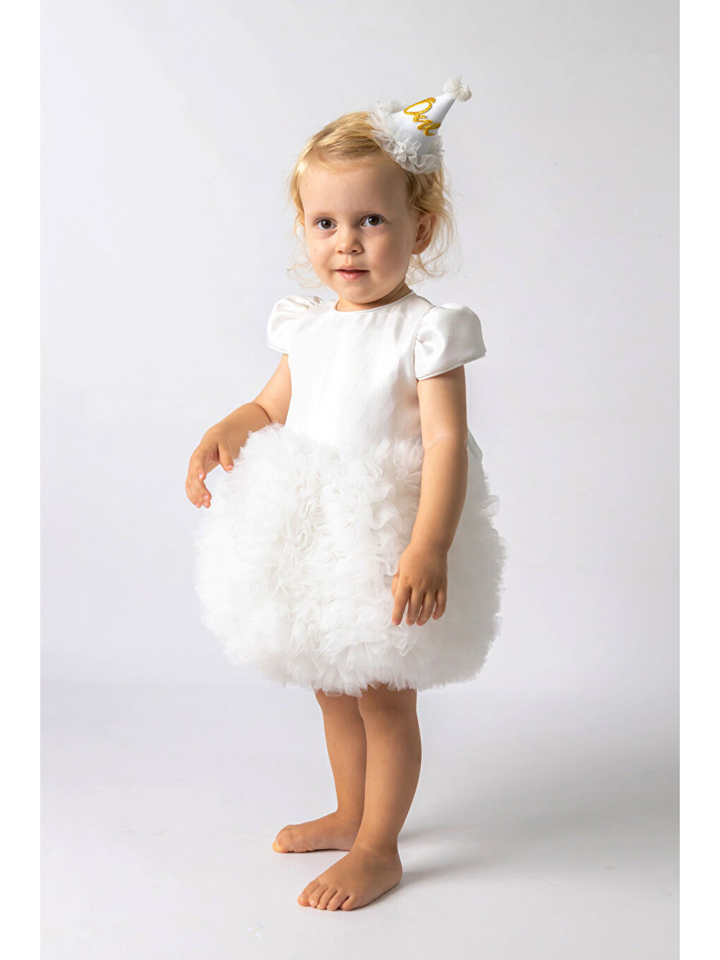 Beyaz Kısa Kollu Tütülü Bebek Prenses Elbise - Lina-2