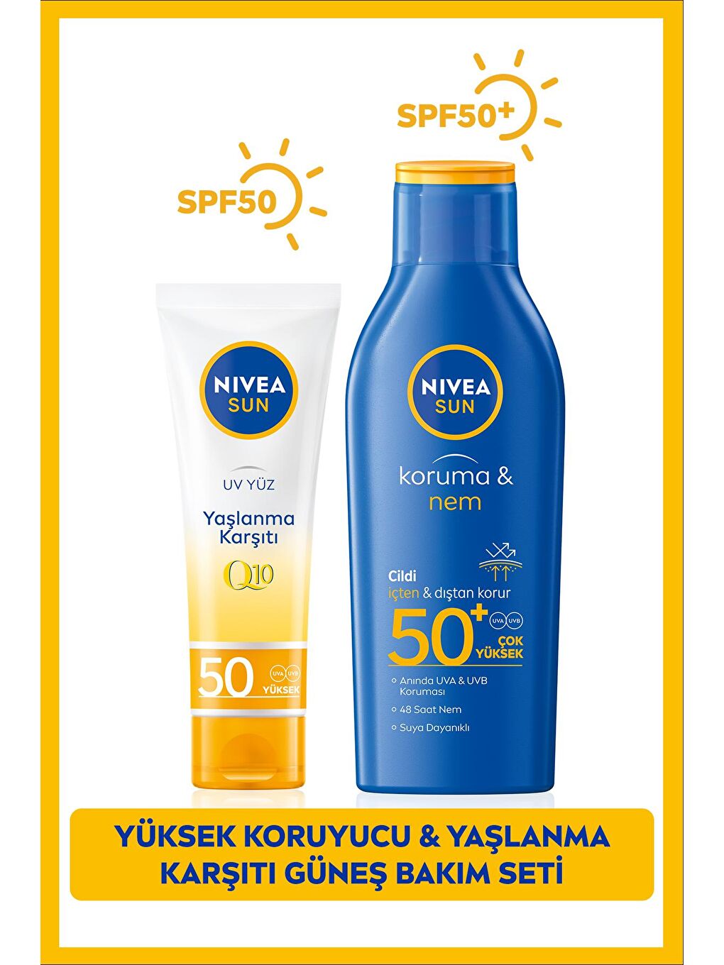 NIVEA Şeffaf SUN Güneş Koruyucu Losyon 200ml ve Q10 Yaşlanma Karşıtı Yüz Bakım Kremi 50ml SPF50,