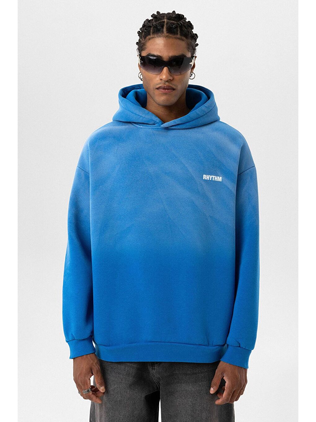 Turkuaz Arka Baskılı Oversize Kapüşonlu  Erkek Hoodie-5