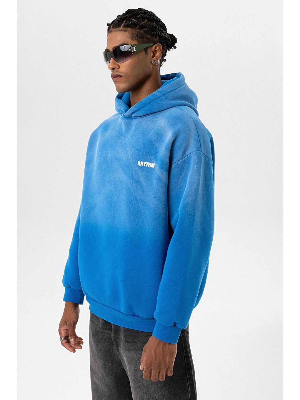 Turkuaz Arka Baskılı Oversize Kapüşonlu  Erkek Hoodie-7