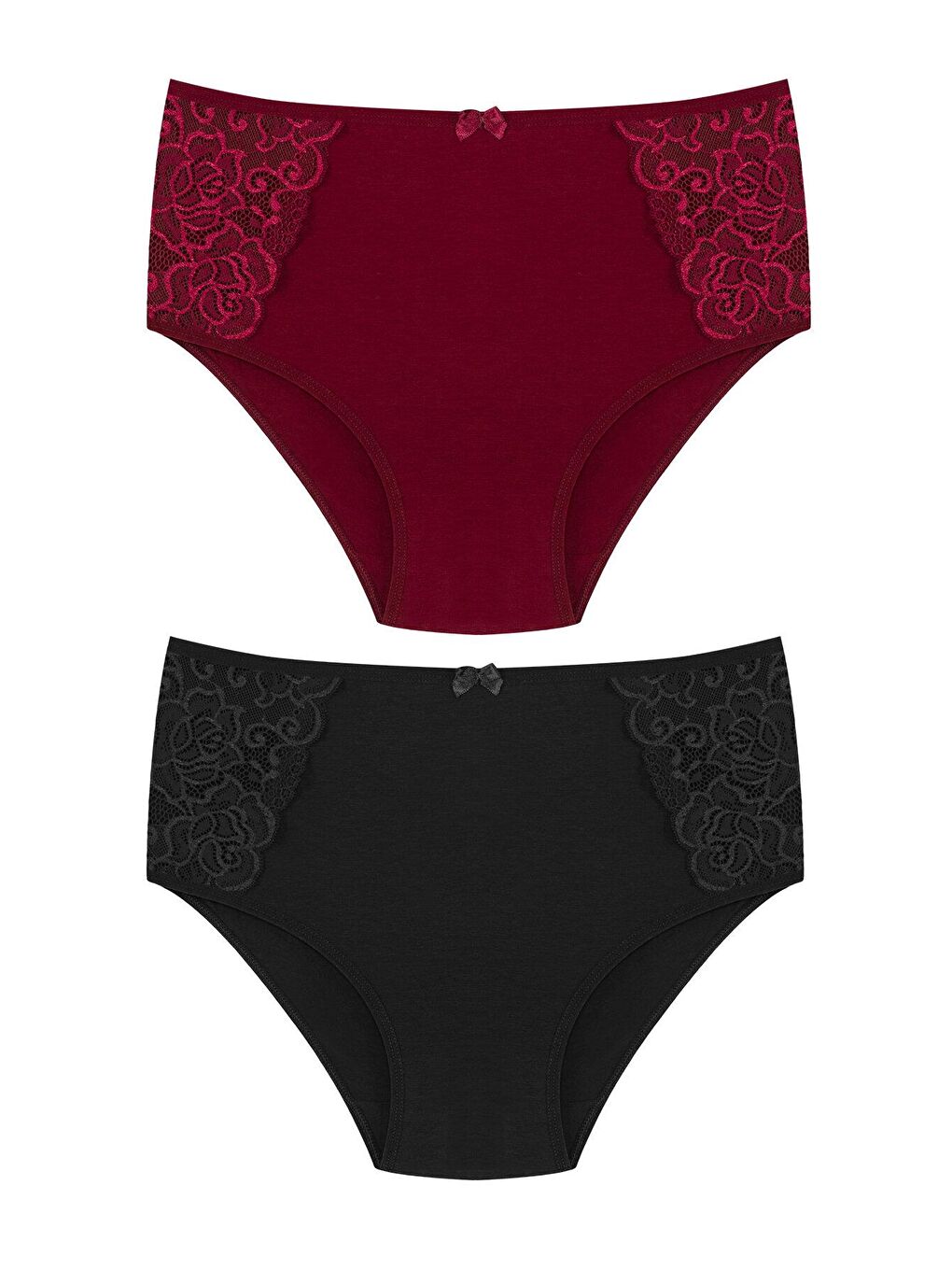 Bordo Pamuklu Yanları Dantel Yüksek Bel Büyük Beden Kadın Külot 2'li