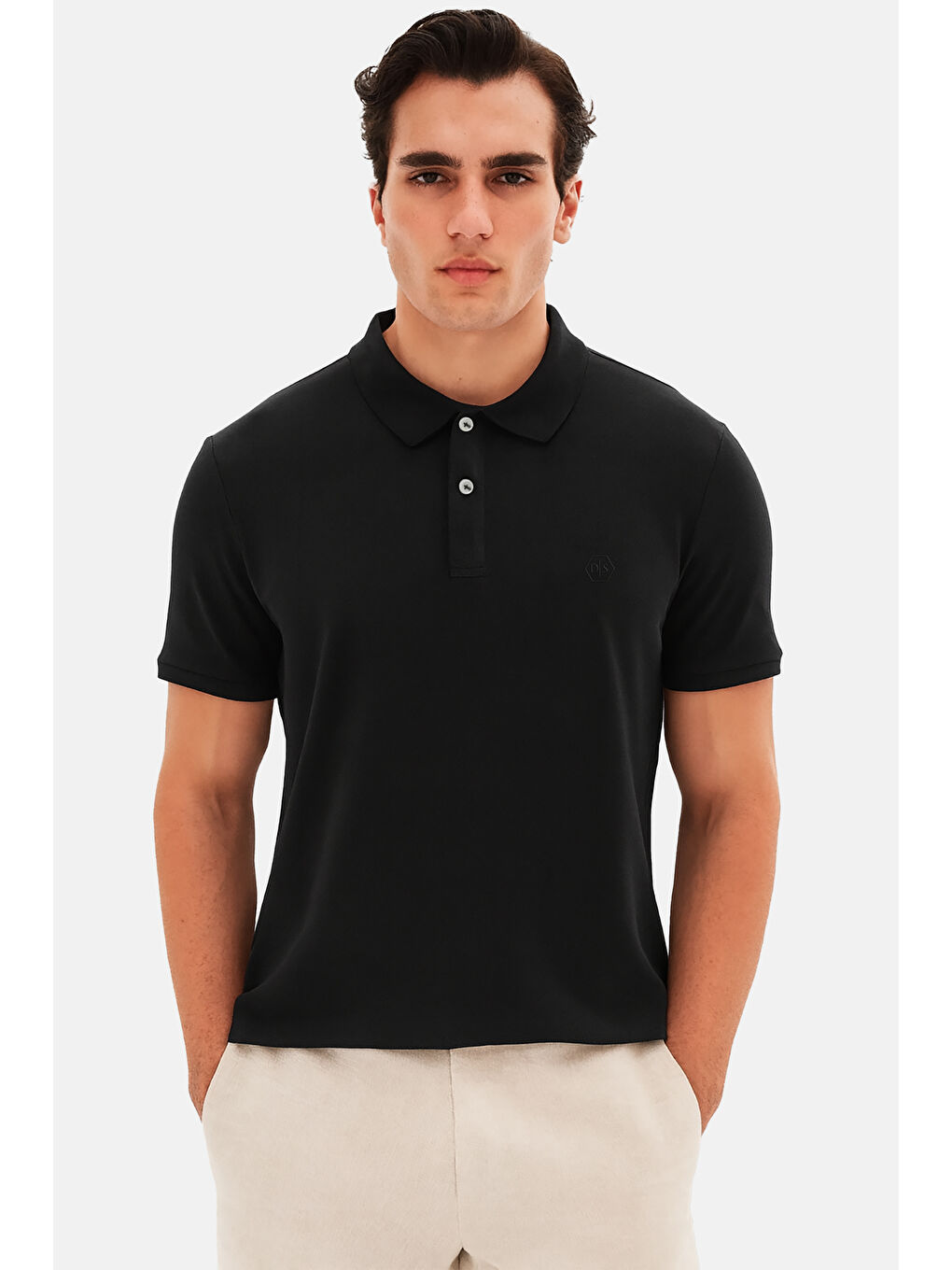 Regular Fit Siyah %100 Pamuklu Uzun Ömürlü Kıvrılmaz Polo Yaka Nakışlı Tişört-2