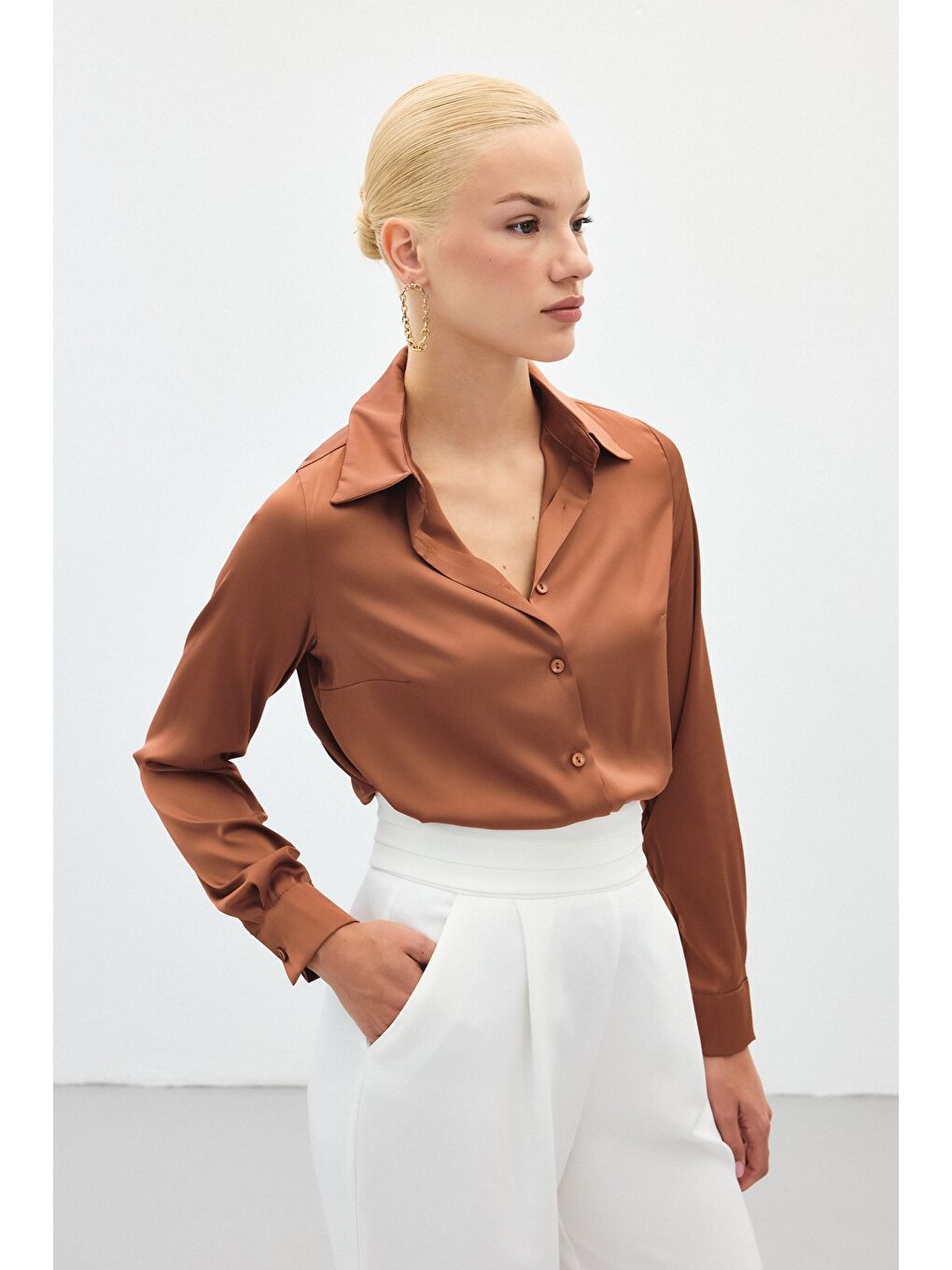 Kahverengi Saten Gömlek - Kahve