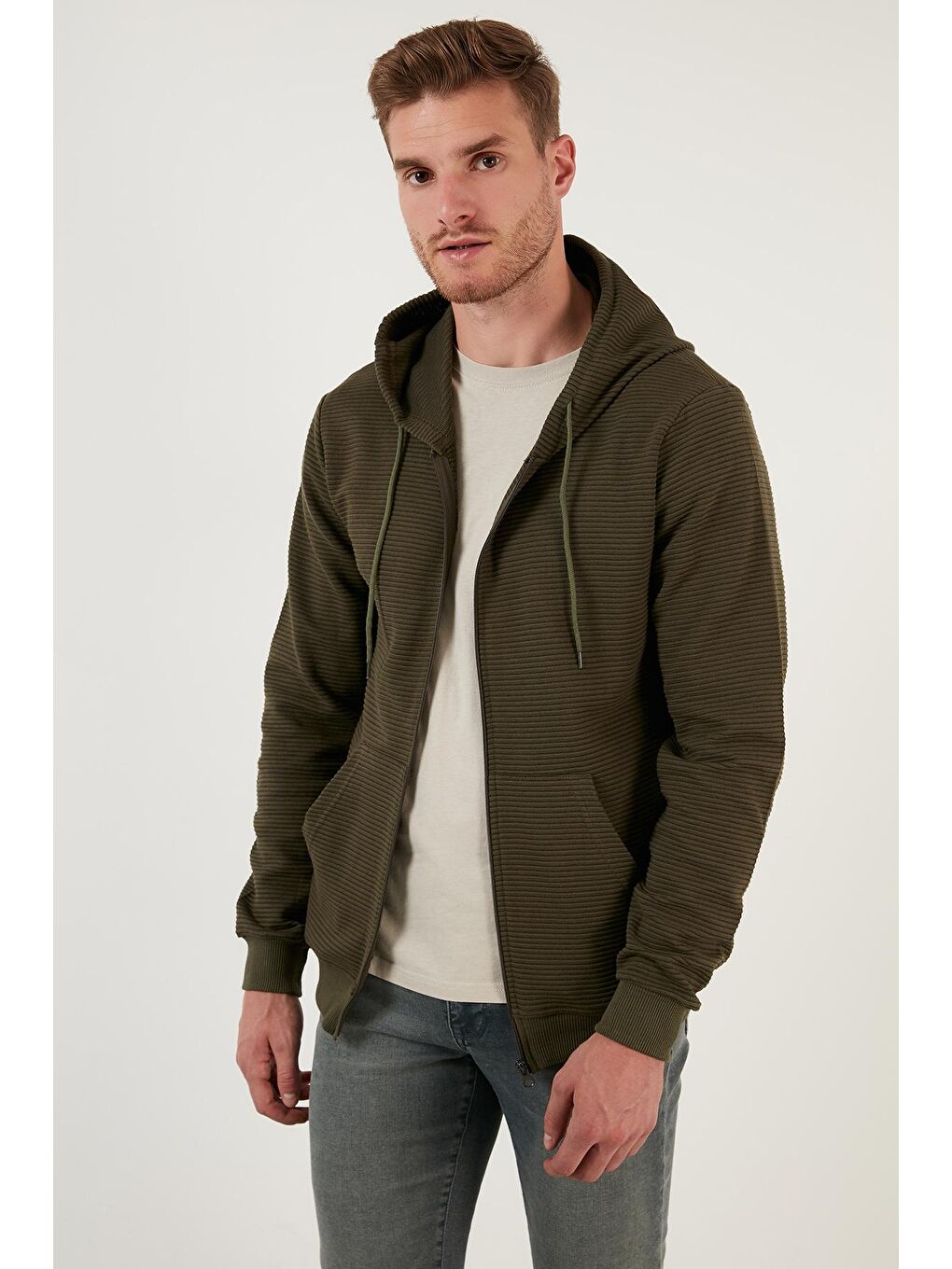 Haki Slim Fit Pamuklu Kapüşonlu Yaka  Cepli Erkek Fermuarlı Sweatshirt Hırka 5896599