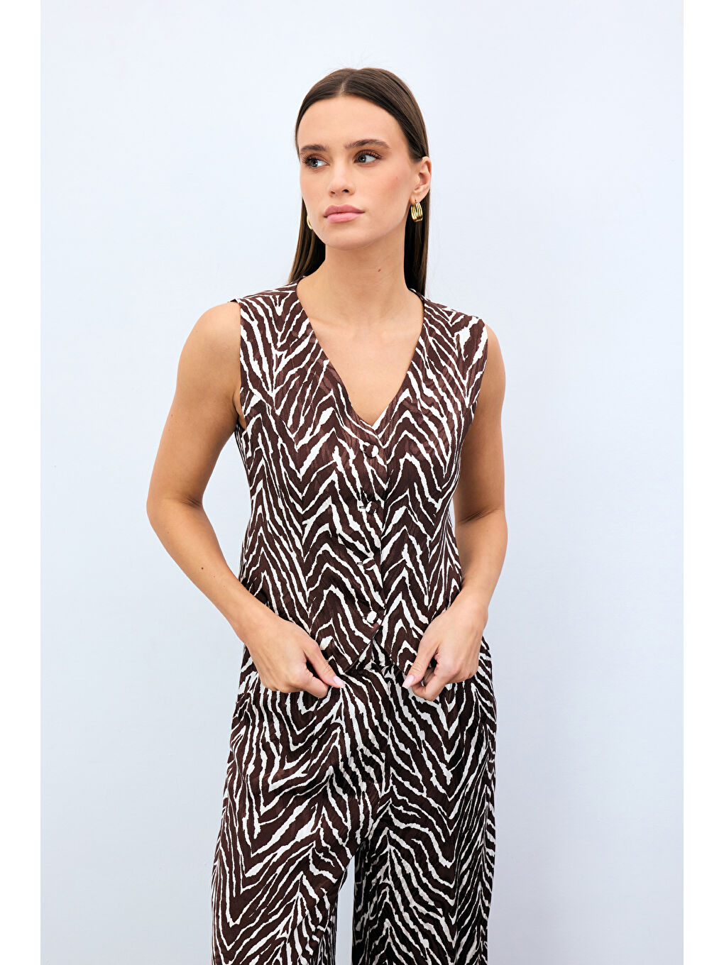 Kahverengi Zebra Desen Kısa Yelek - Kahve