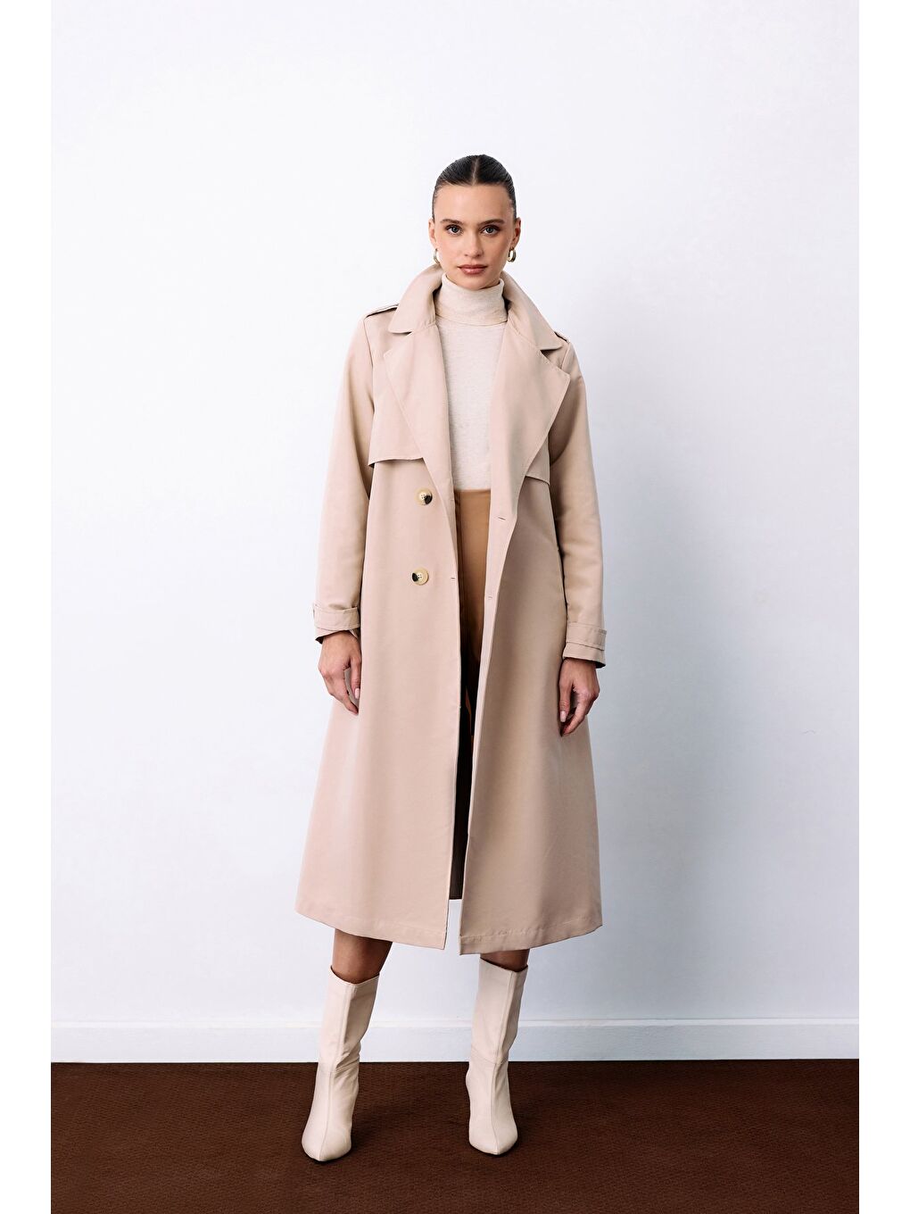 Kemerli Uzun Trençkot - Bej-1
