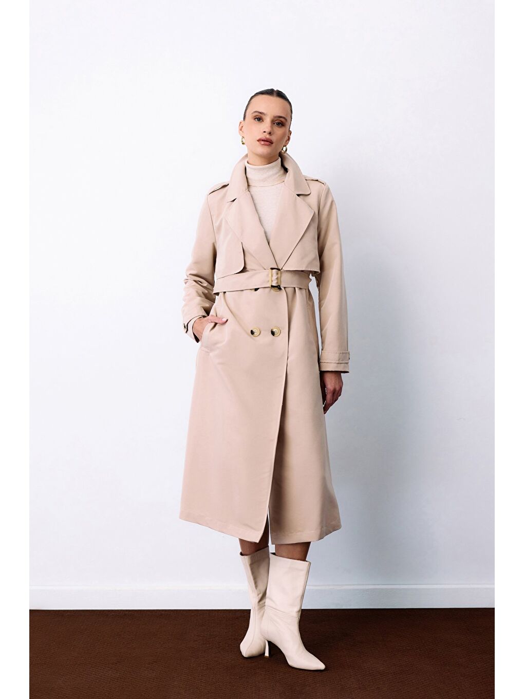 Kemerli Uzun Trençkot - Bej-3