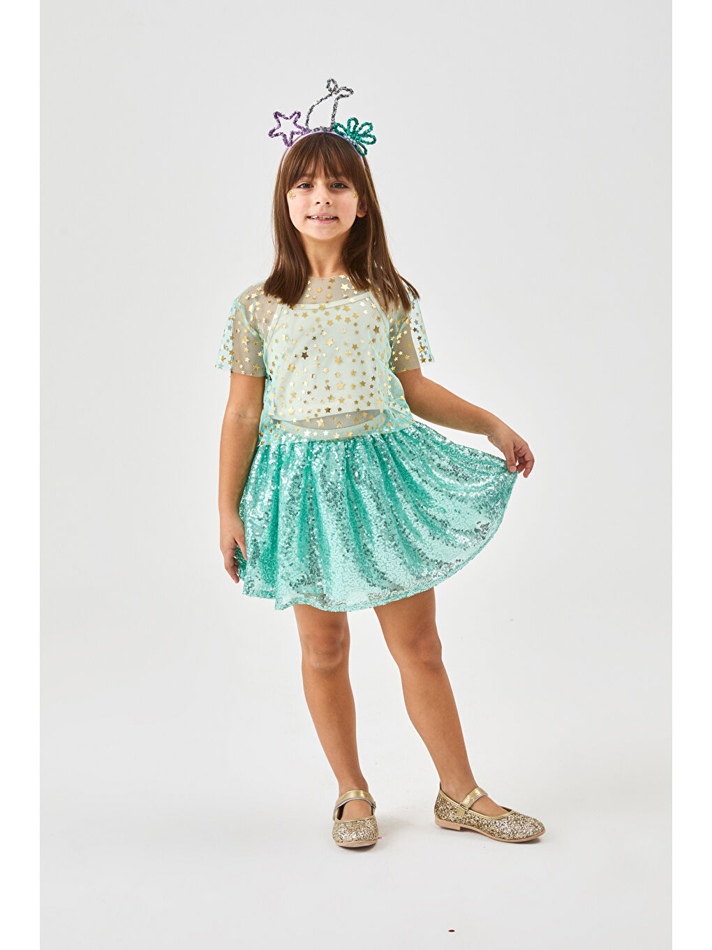 Yeşil Mint Üzeri Pullu Kız Çocuk Etek - Gracie-1