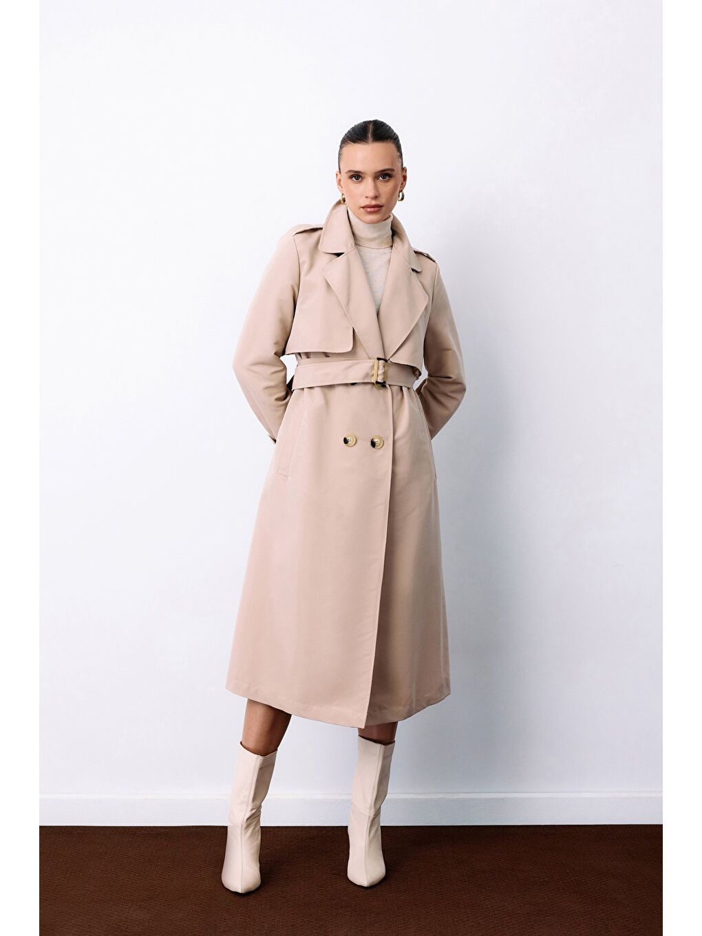 Kemerli Uzun Trençkot - Bej-4