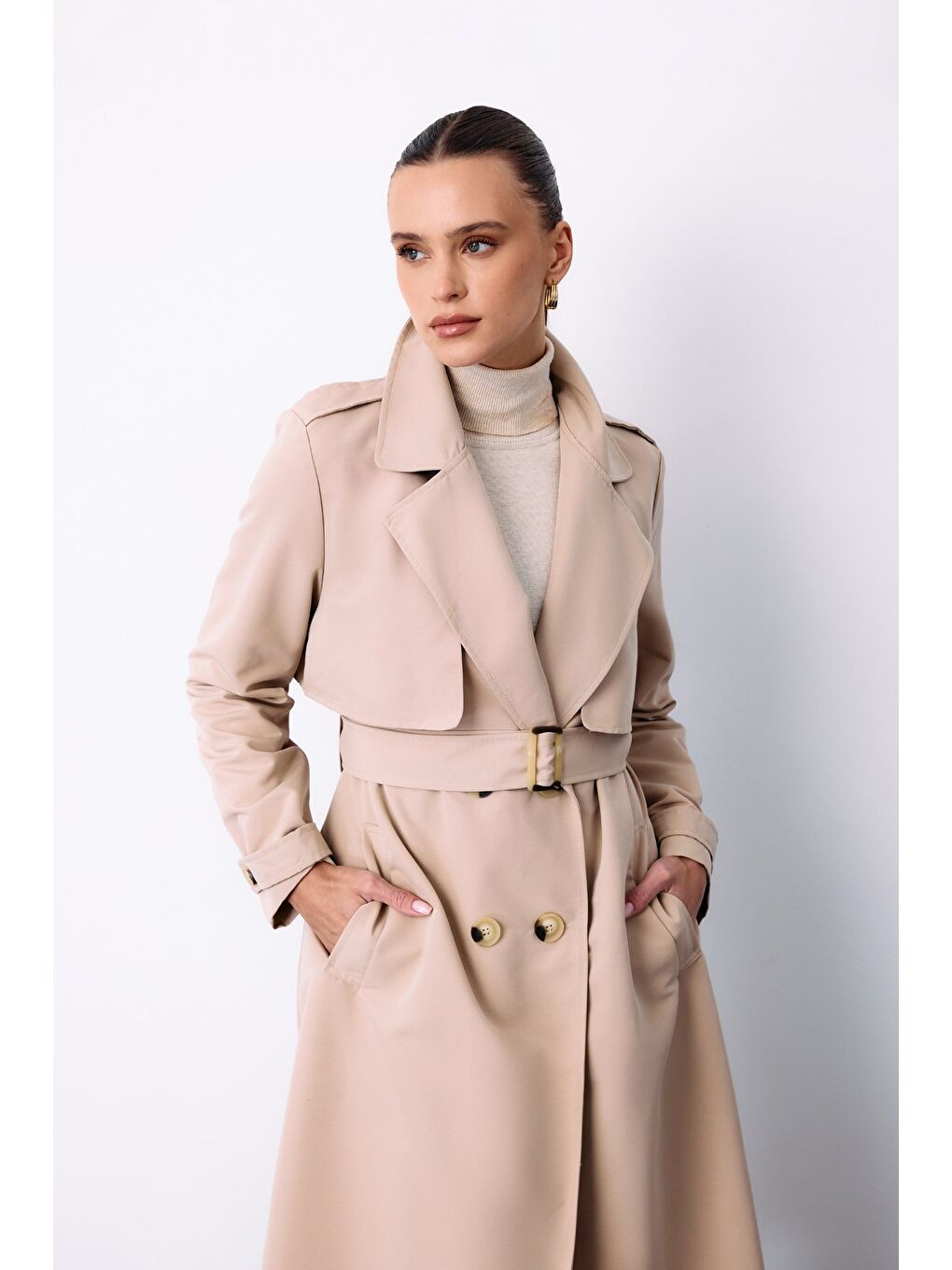 Kemerli Uzun Trençkot - Bej-5