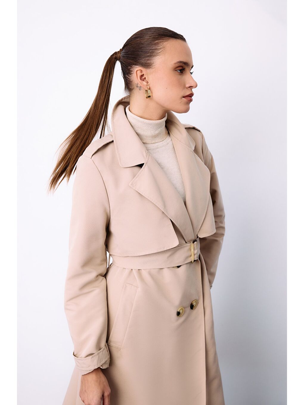 Kemerli Uzun Trençkot - Bej-6