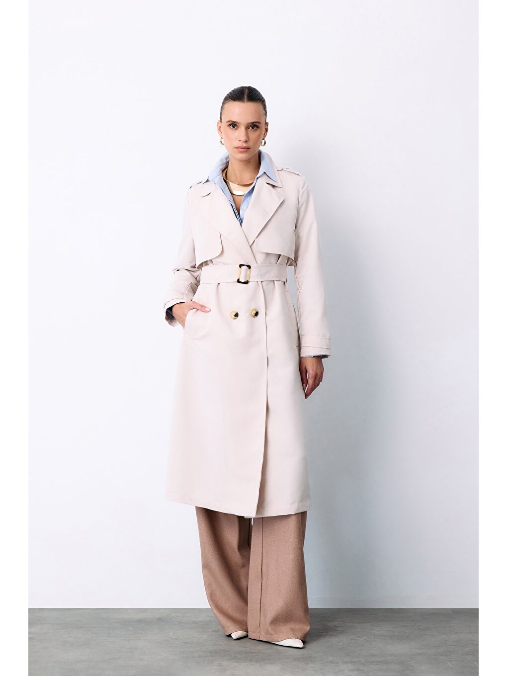 Bej Kemerli Uzun Trençkot - Taş