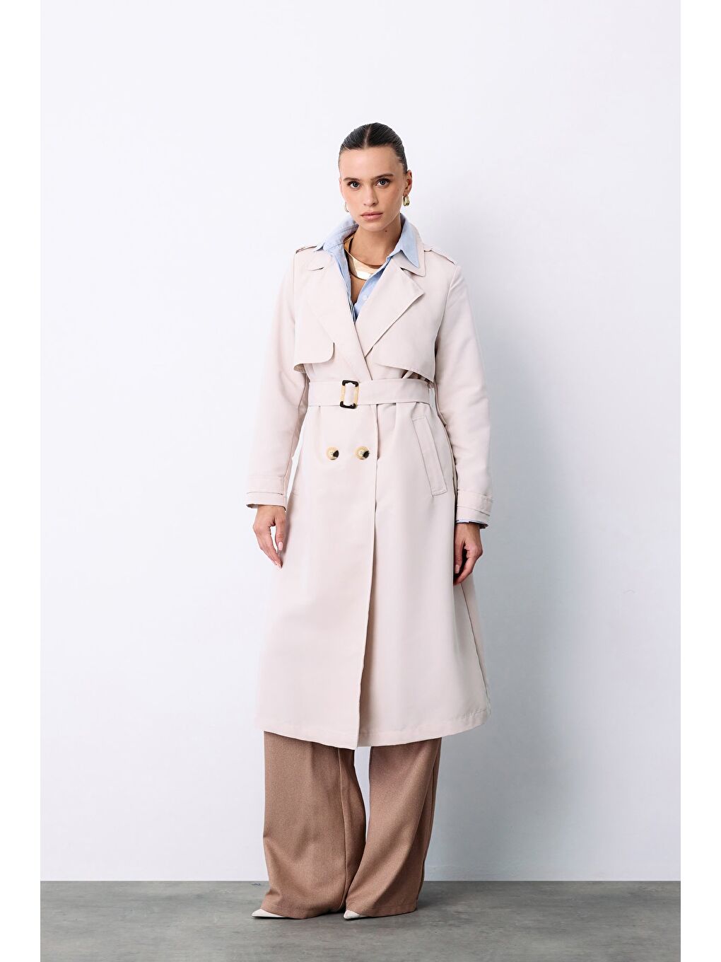 Bej Kemerli Uzun Trençkot - Taş-1