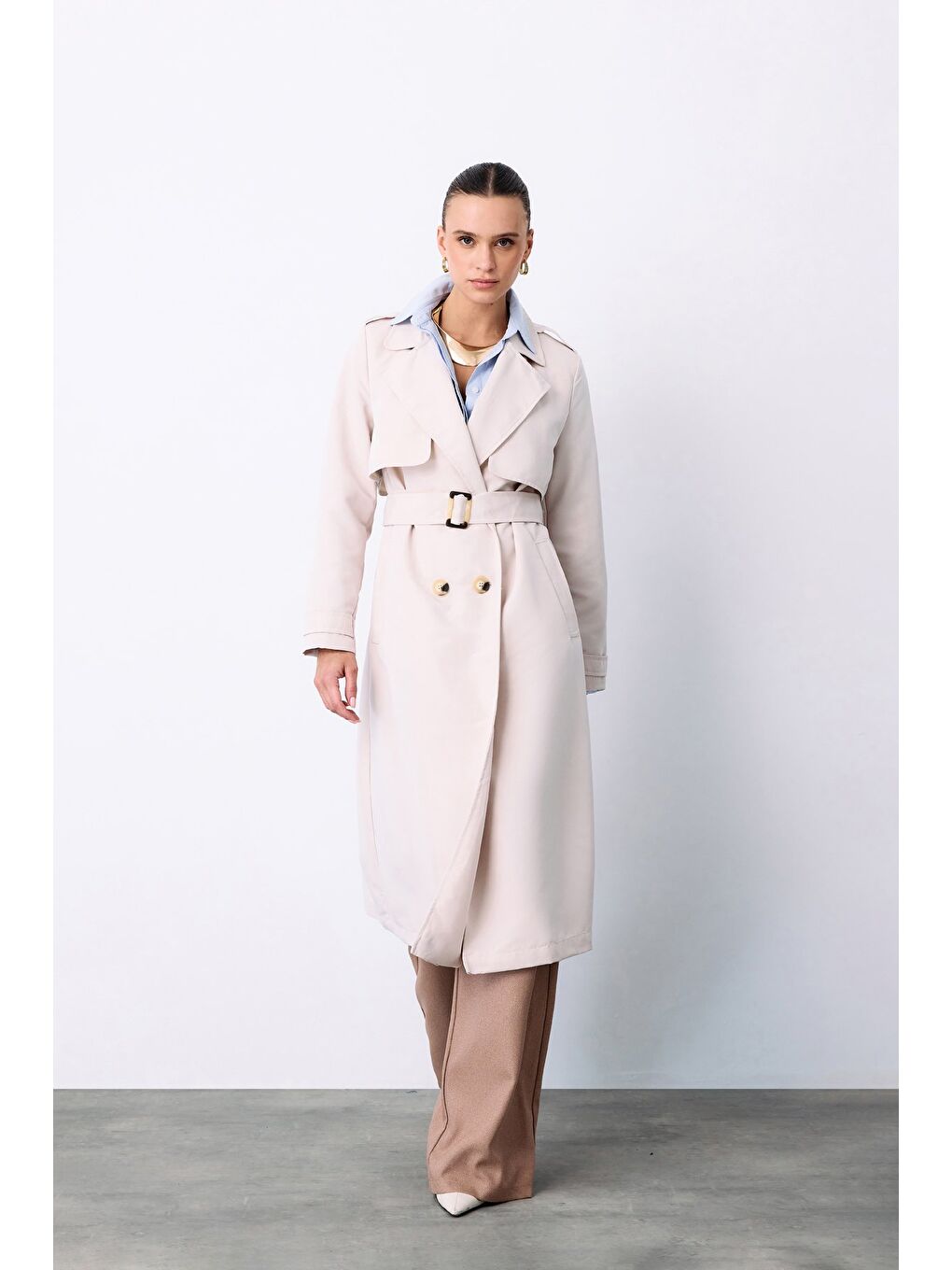 Bej Kemerli Uzun Trençkot - Taş-2