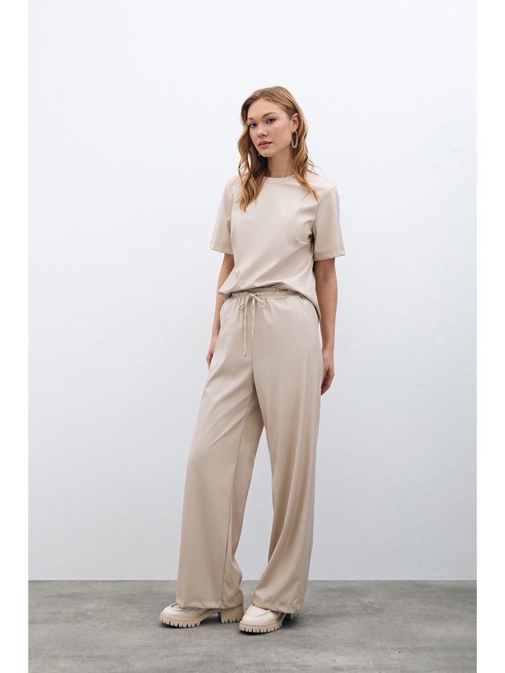 Bej Salaş Deri Pantolon - Taş-2