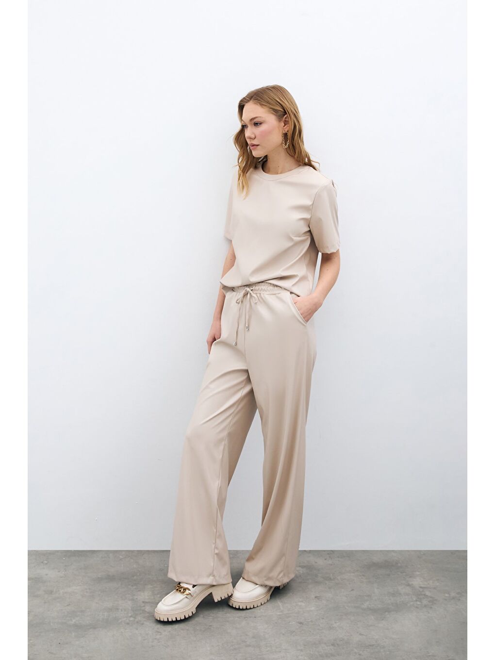 Bej Salaş Deri Pantolon - Taş-3