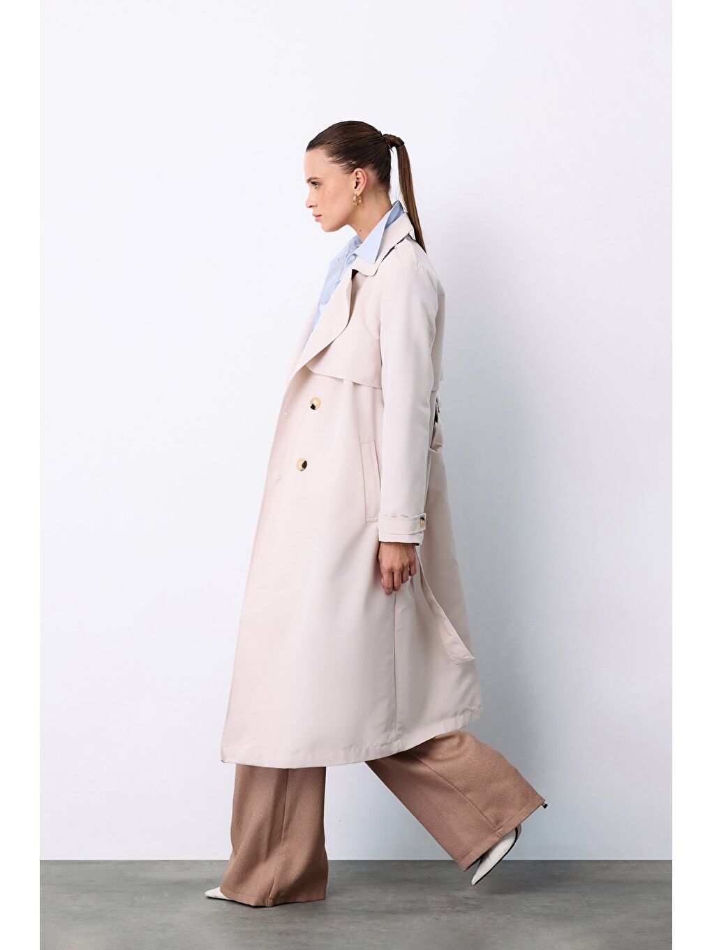 Bej Kemerli Uzun Trençkot - Taş-3