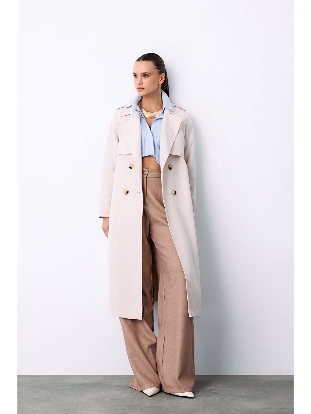 Bej Kemerli Uzun Trençkot - Taş-4