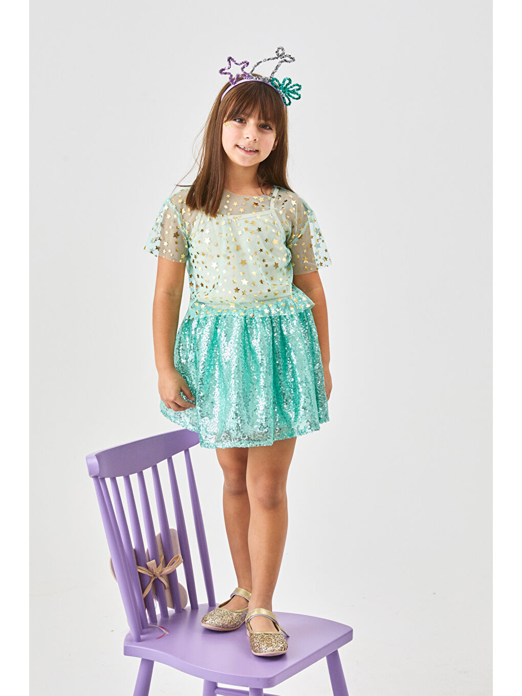 Yeşil Mint Üzeri Pullu Kız Çocuk Etek - Gracie-2