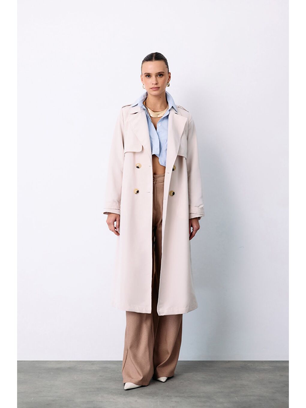 Bej Kemerli Uzun Trençkot - Taş-5