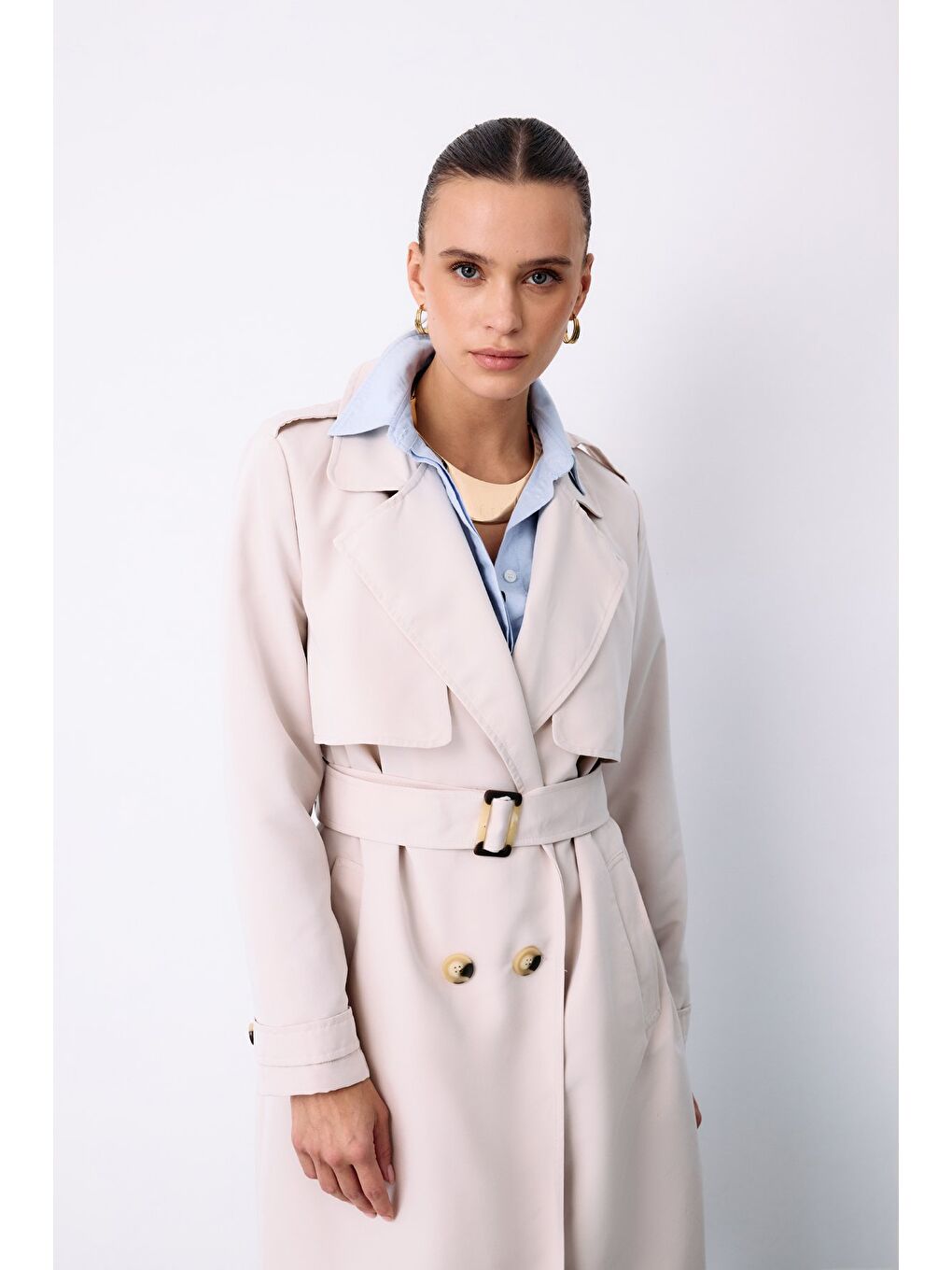 Bej Kemerli Uzun Trençkot - Taş-6