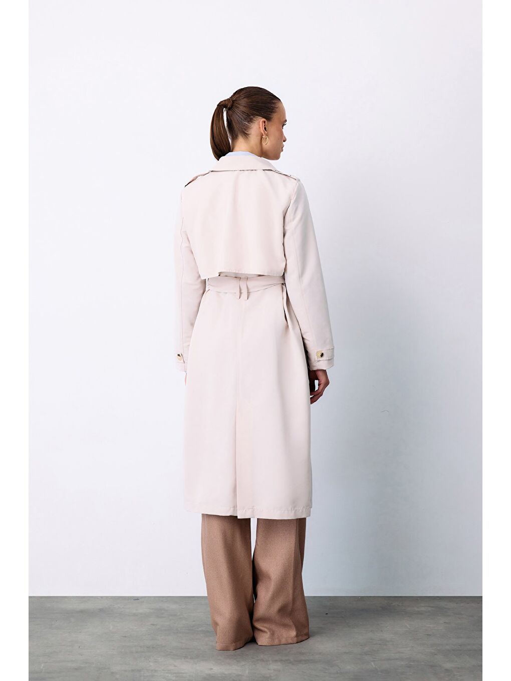 Bej Kemerli Uzun Trençkot - Taş-7