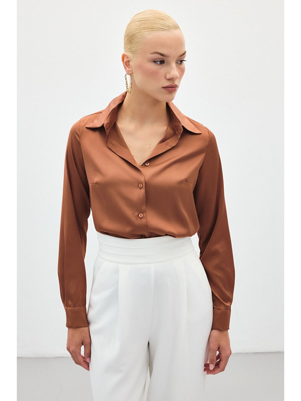 Kahverengi Saten Gömlek - Kahve-2