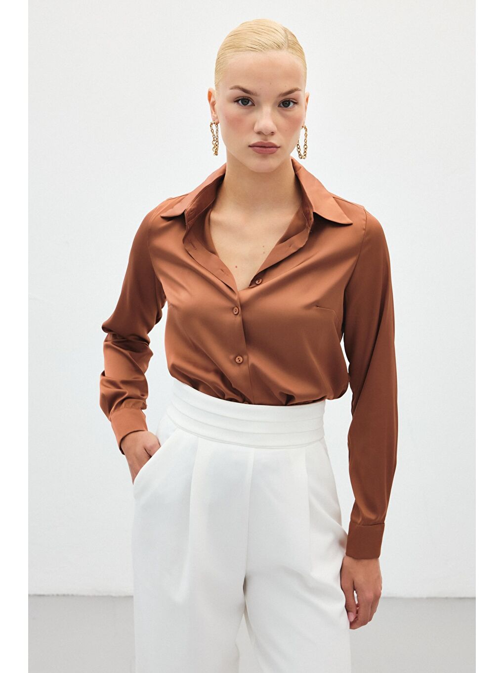 Kahverengi Saten Gömlek - Kahve-3