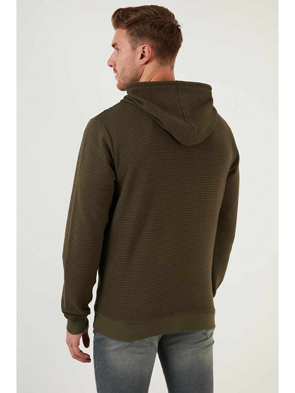 Haki Slim Fit Pamuklu Kapüşonlu Yaka  Cepli Erkek Fermuarlı Sweatshirt Hırka 5896599-4