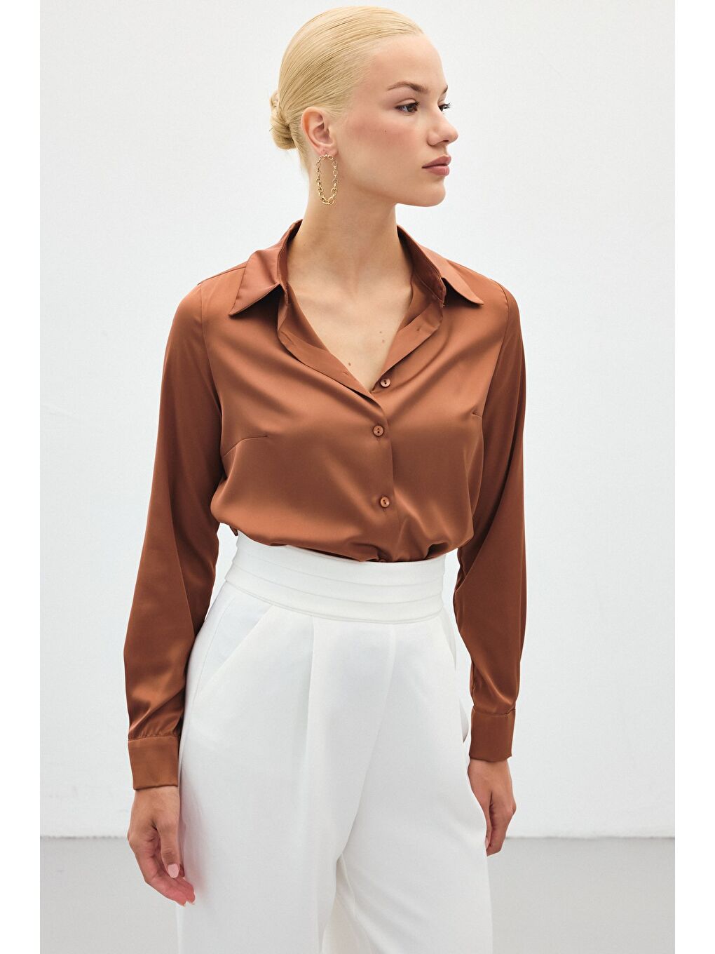 Kahverengi Saten Gömlek - Kahve-4