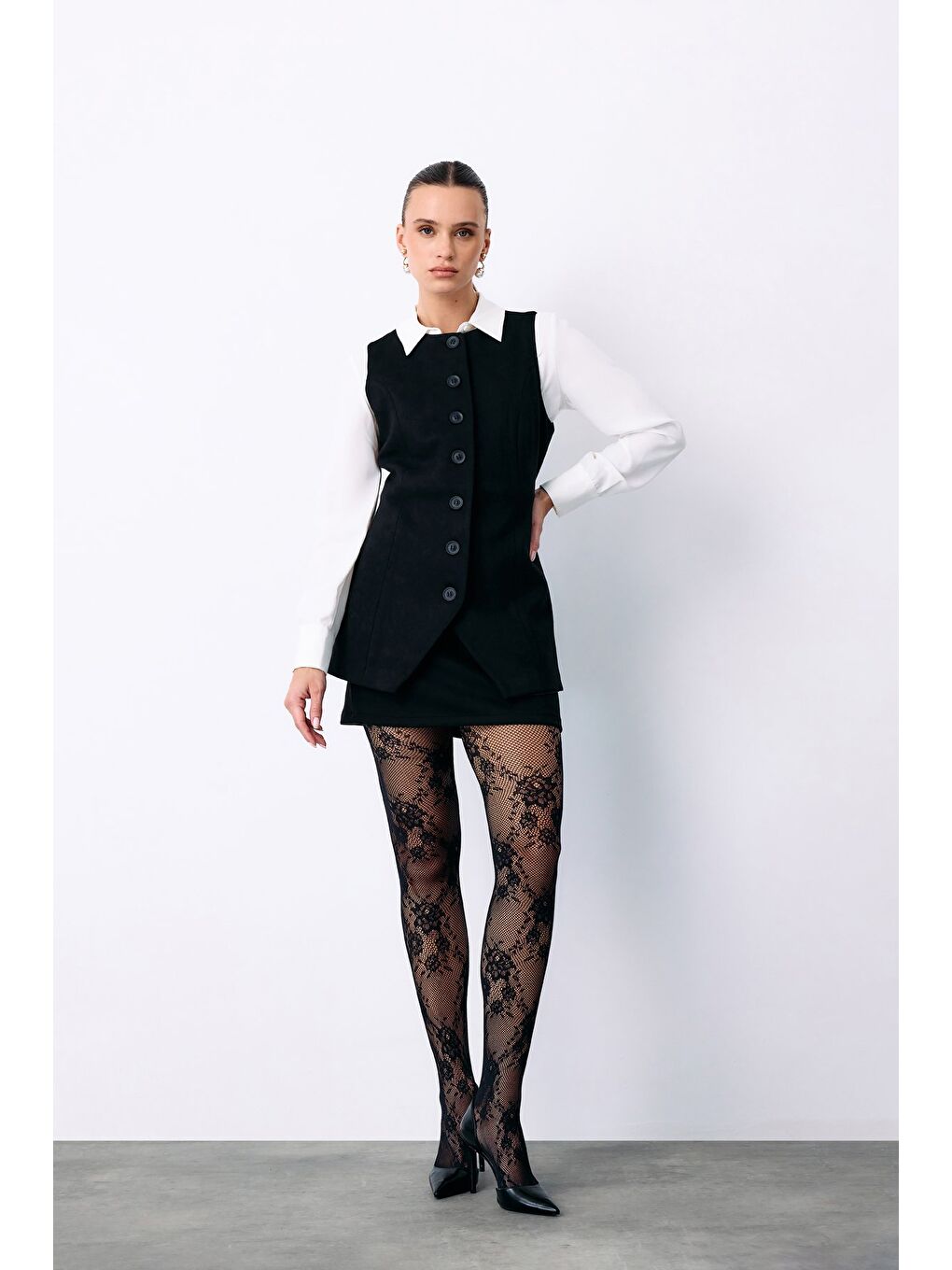 Düğmeli Uzun Süet Yelek - Siyah-1