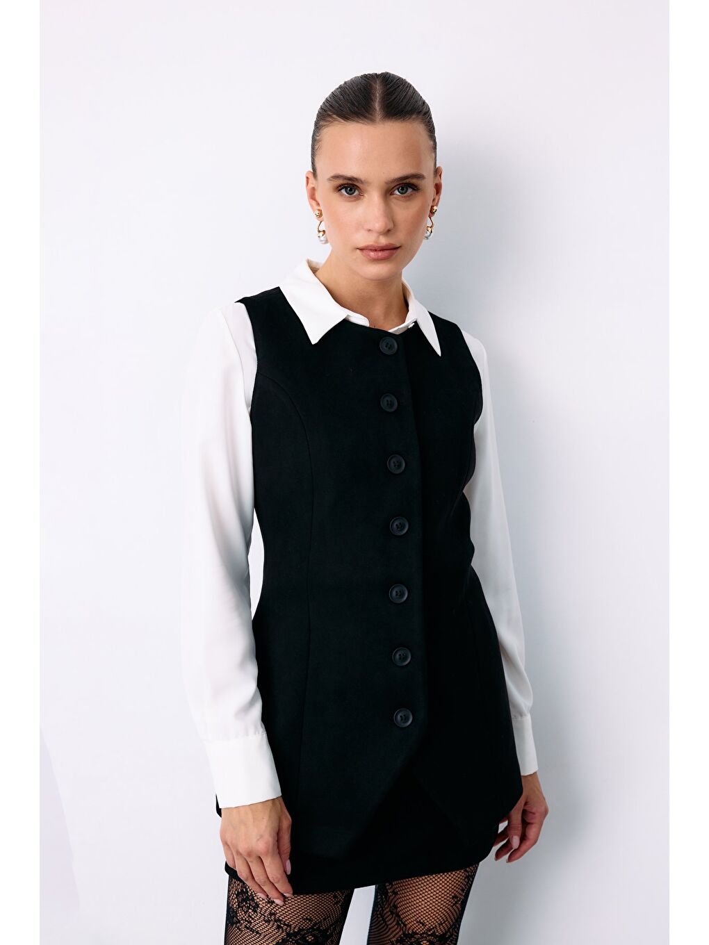 Düğmeli Uzun Süet Yelek - Siyah-2