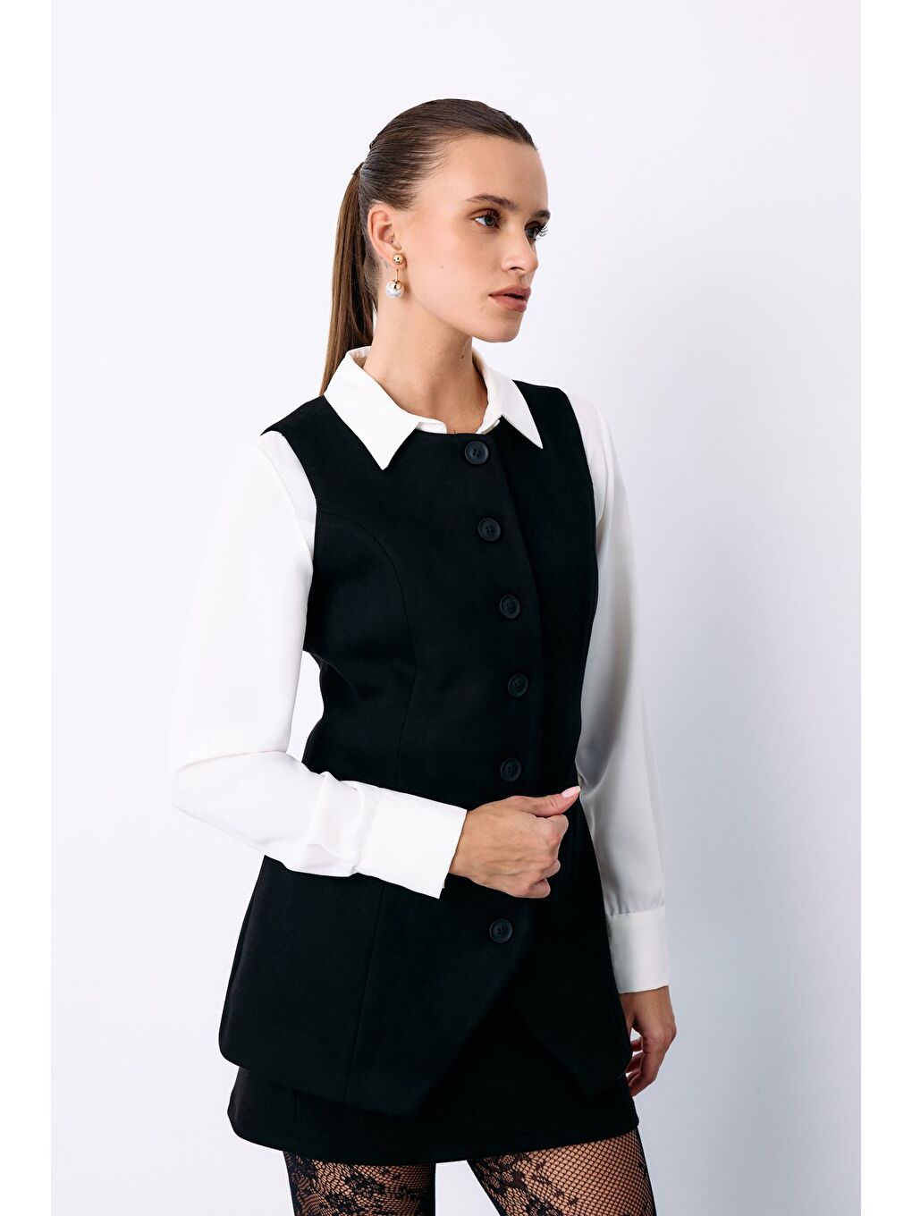 Düğmeli Uzun Süet Yelek - Siyah-3