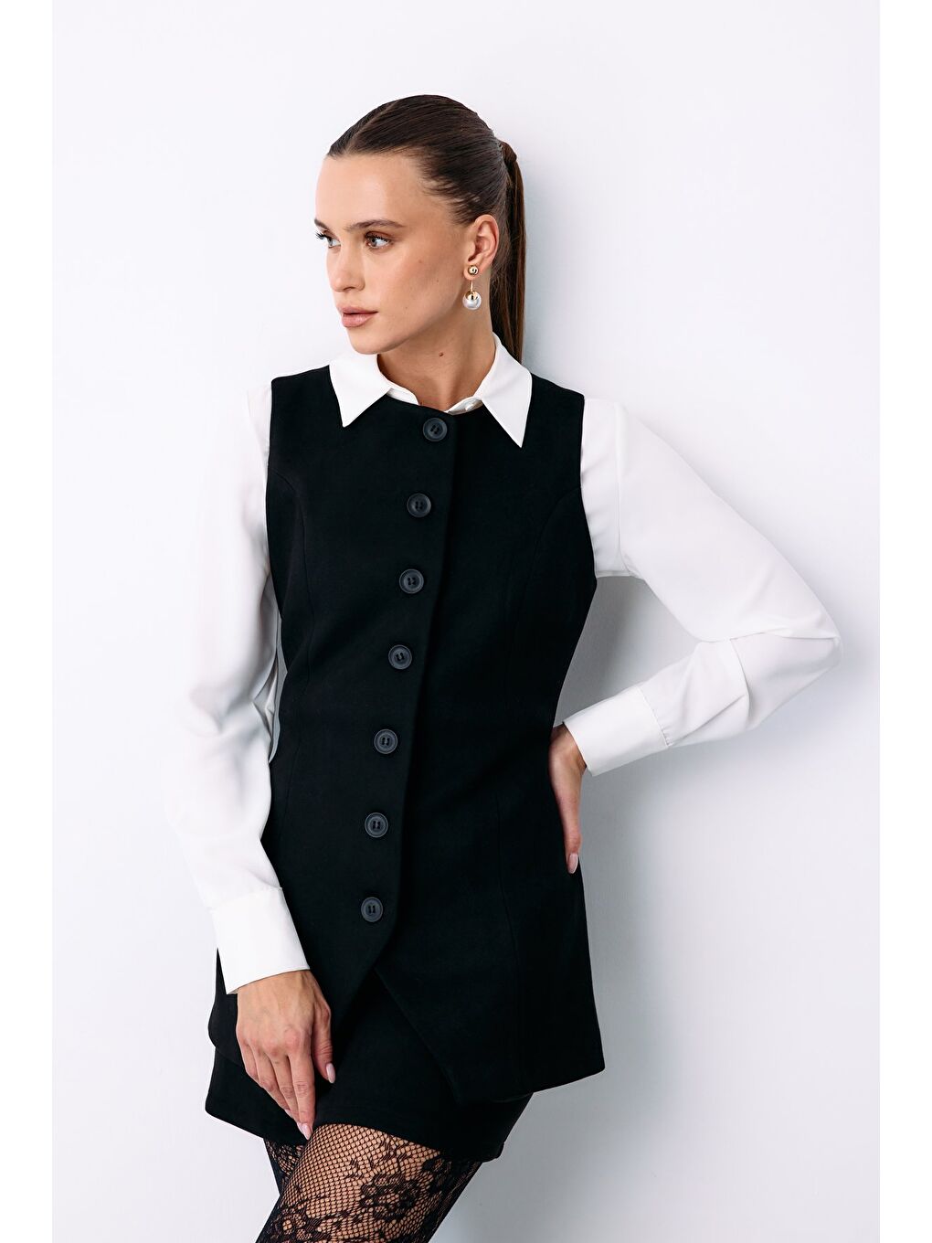 Düğmeli Uzun Süet Yelek - Siyah-4