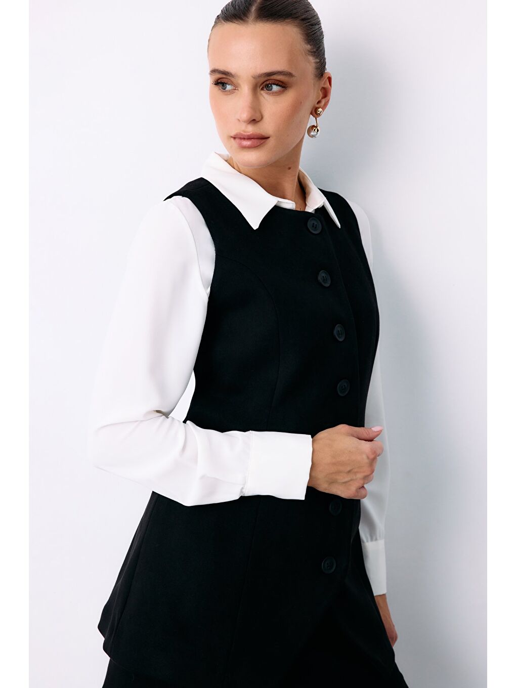 Düğmeli Uzun Süet Yelek - Siyah-5