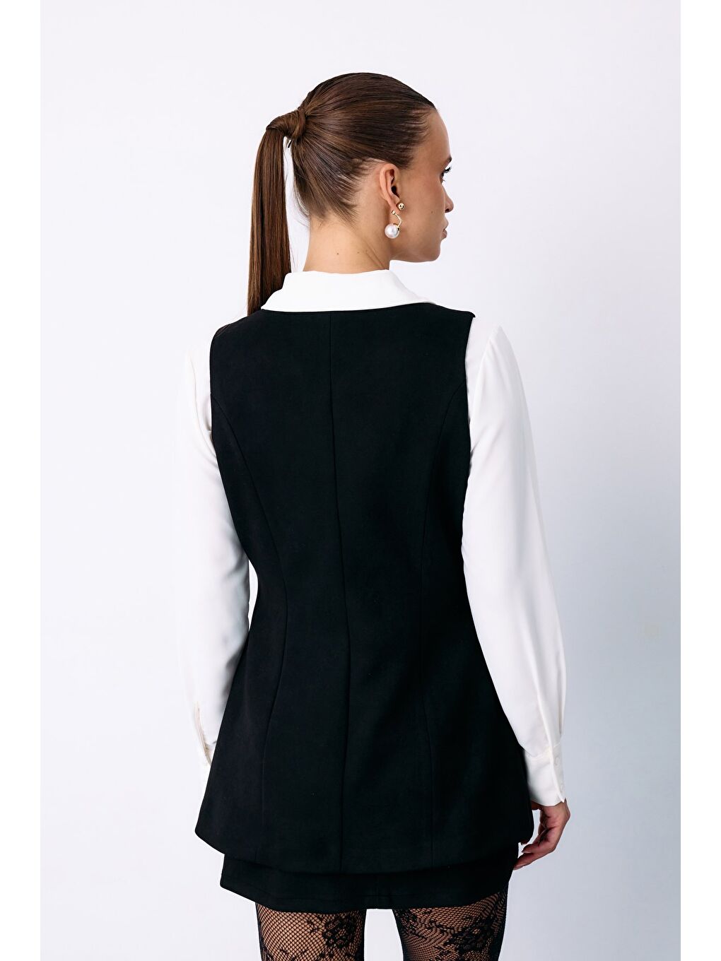 Düğmeli Uzun Süet Yelek - Siyah-6