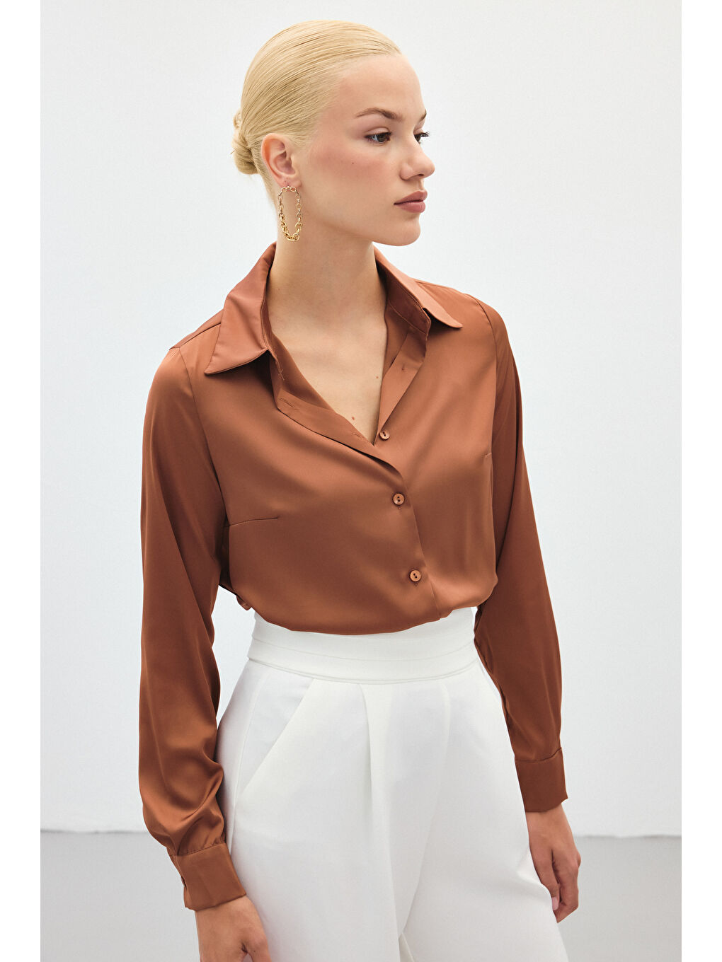 Kahverengi Saten Gömlek - Kahve-5