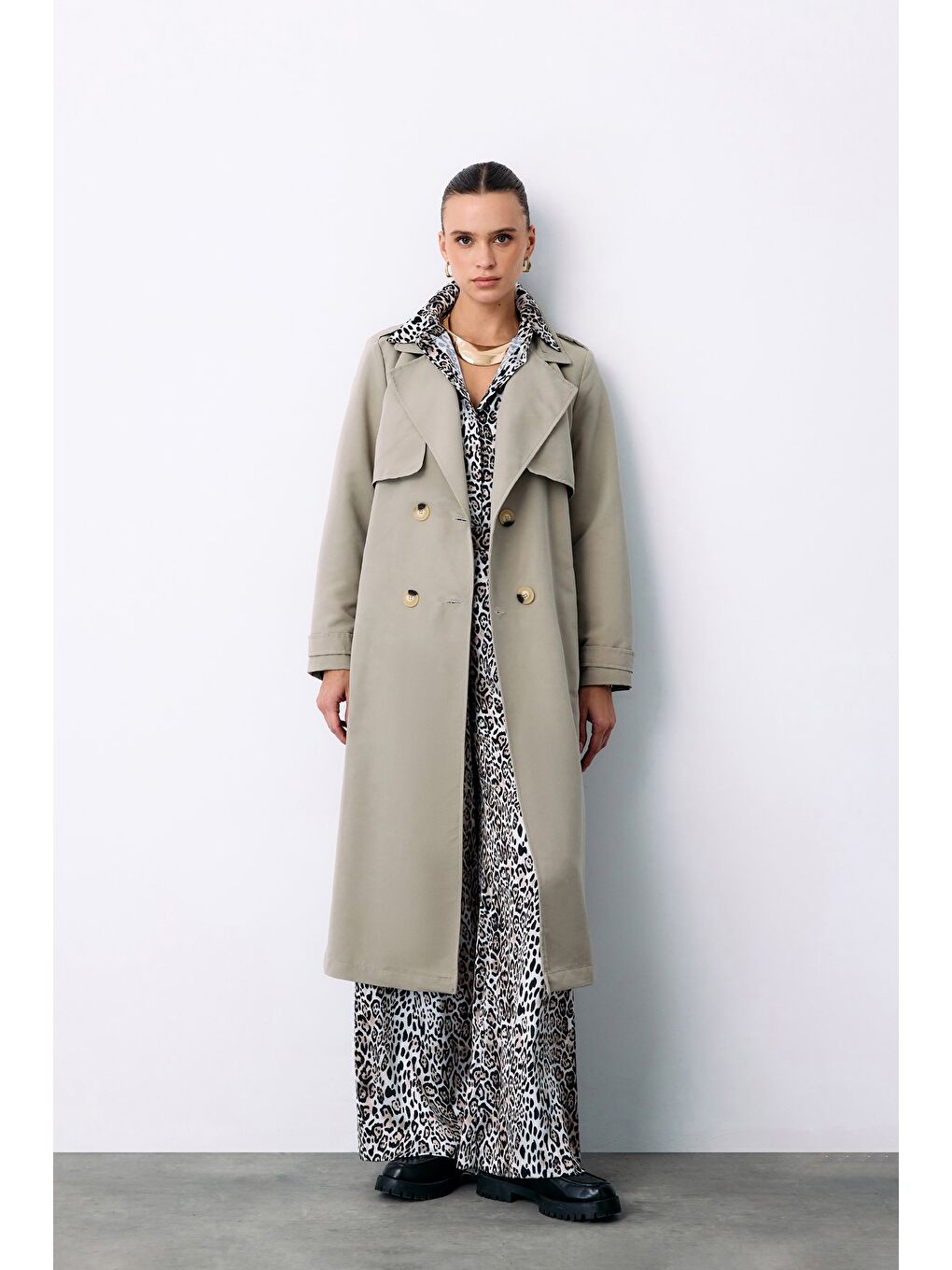 Kemerli Uzun Trençkot - Çağla Yeşili-1