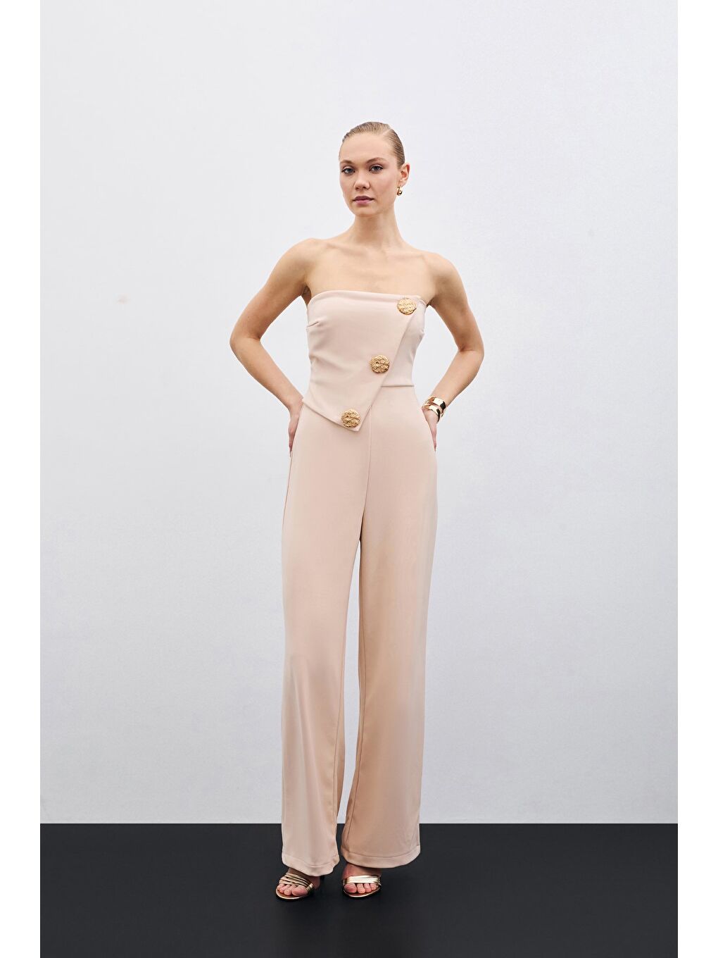 SATEEN Aksesuarlı Straplez Tulum - Bej