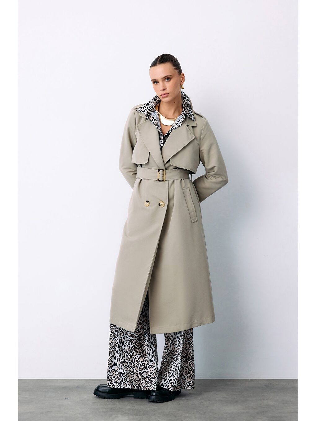 Kemerli Uzun Trençkot - Çağla Yeşili-4