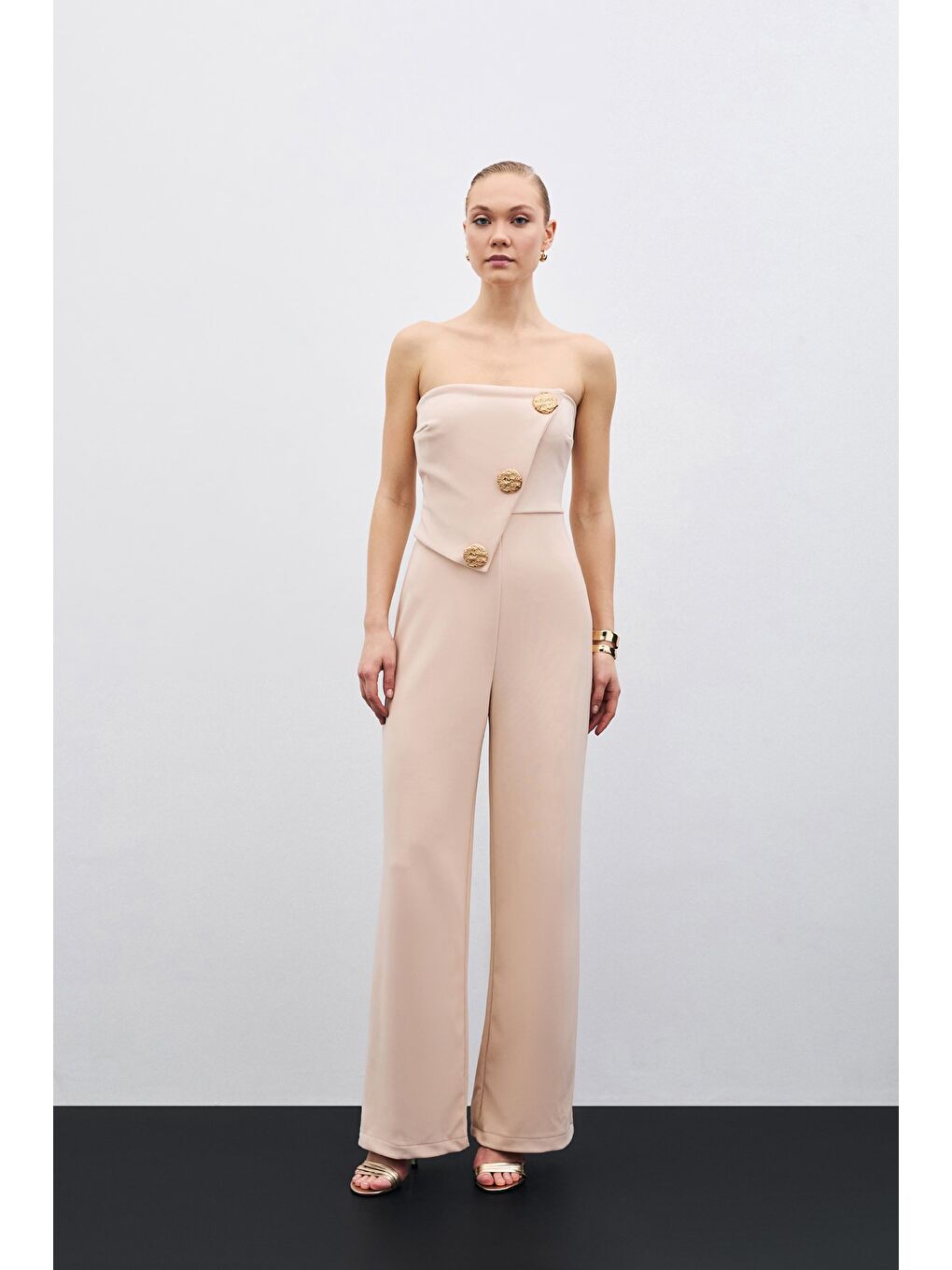SATEEN Aksesuarlı Straplez Tulum - Bej - 1