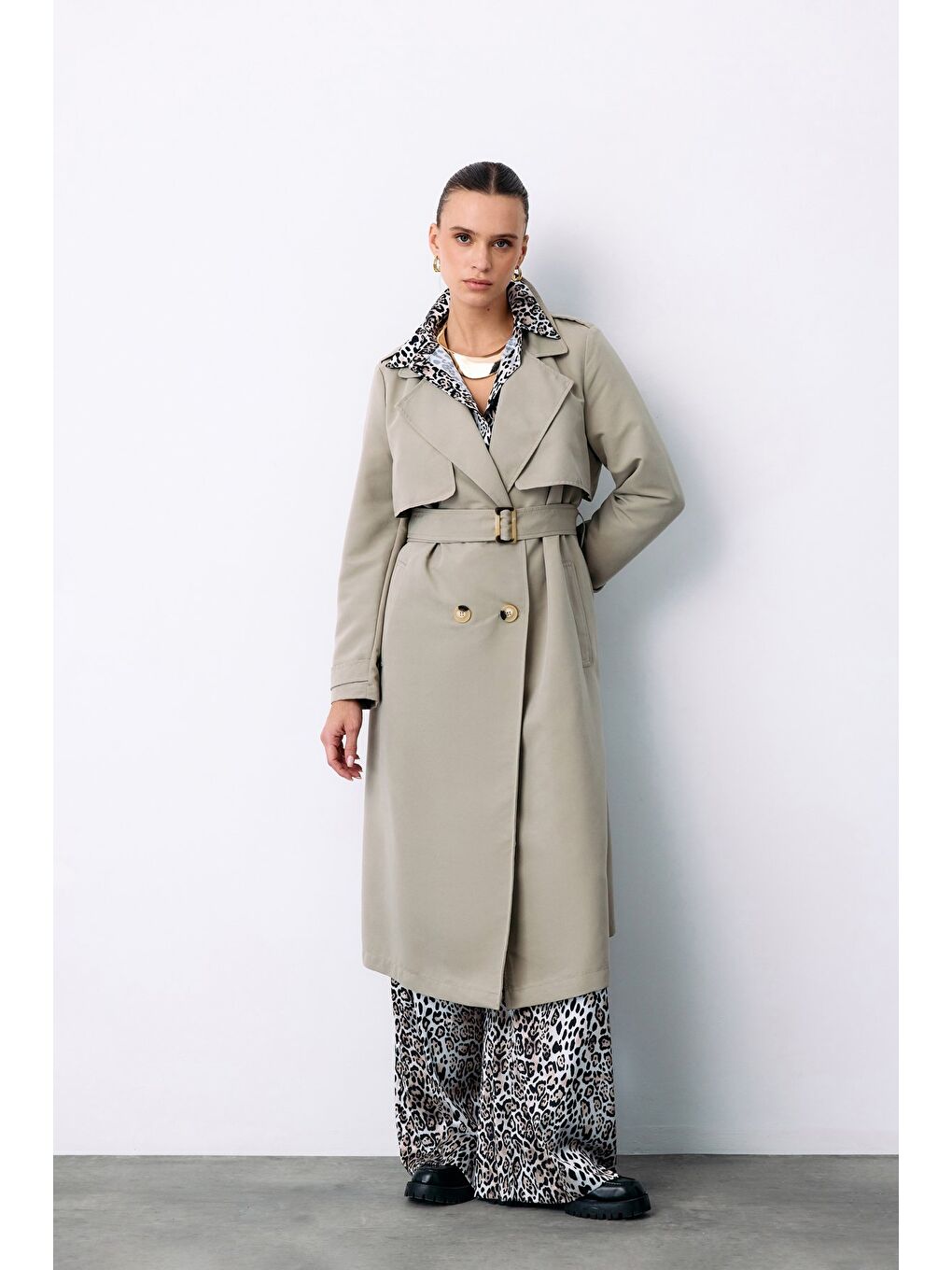 Kemerli Uzun Trençkot - Çağla Yeşili-5