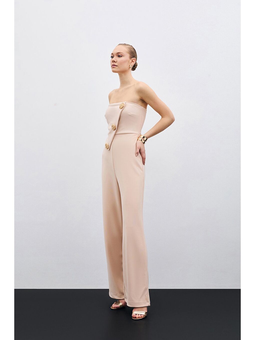 SATEEN Aksesuarlı Straplez Tulum - Bej - 2