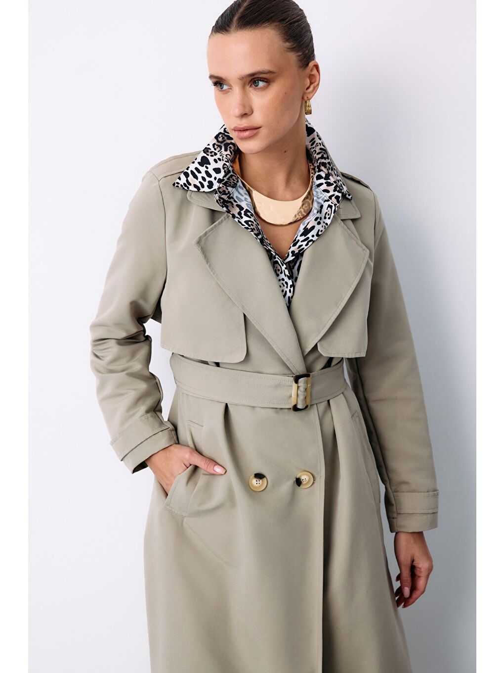 Kemerli Uzun Trençkot - Çağla Yeşili-6