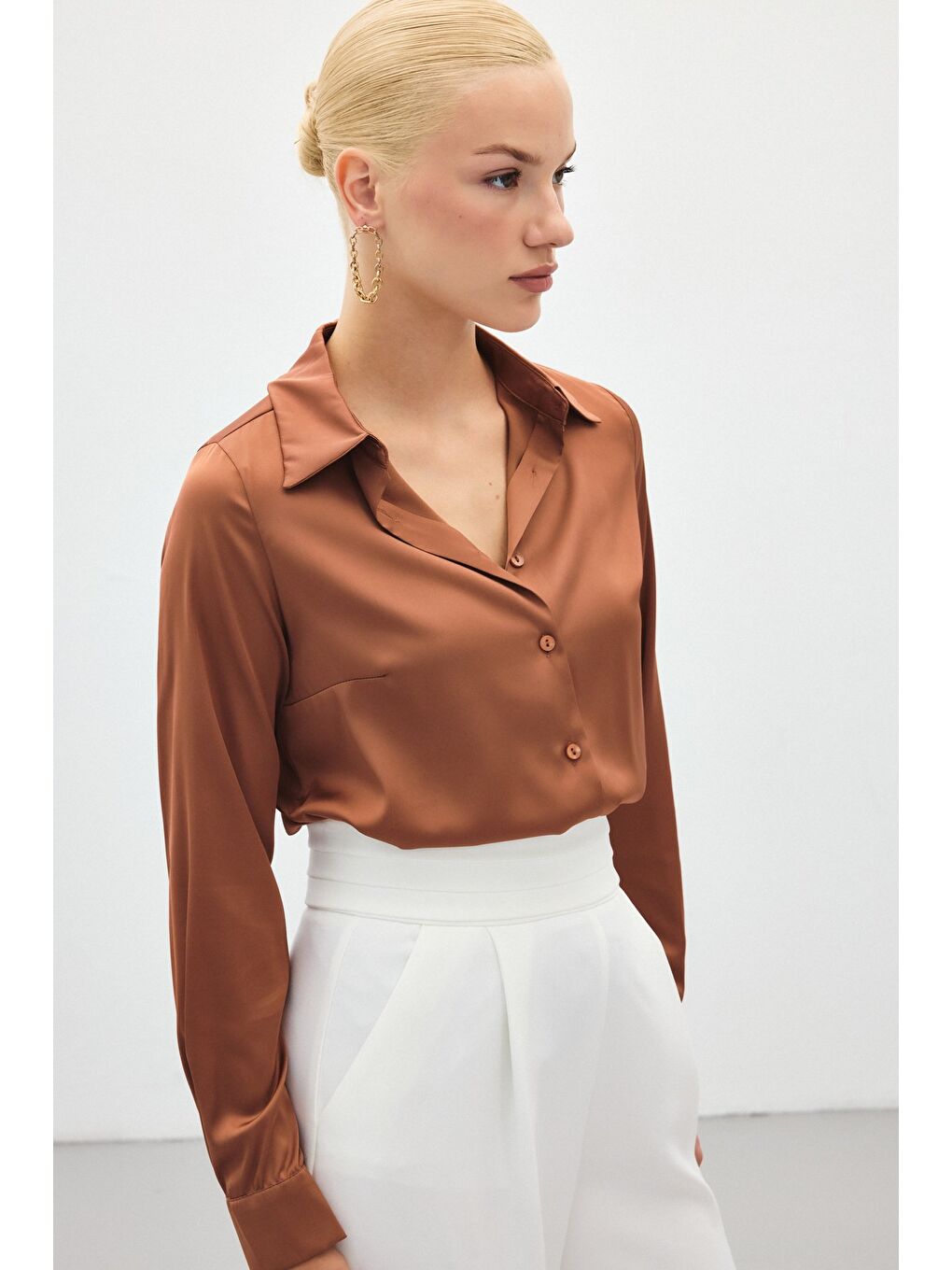 Kahverengi Saten Gömlek - Kahve-6